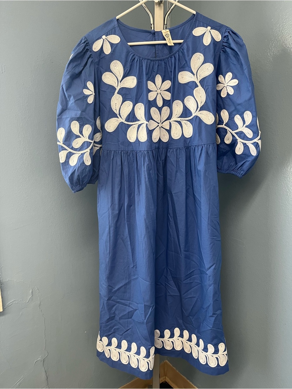 Uncle Frank Blue Maxi Dress with White Floral Embroidery